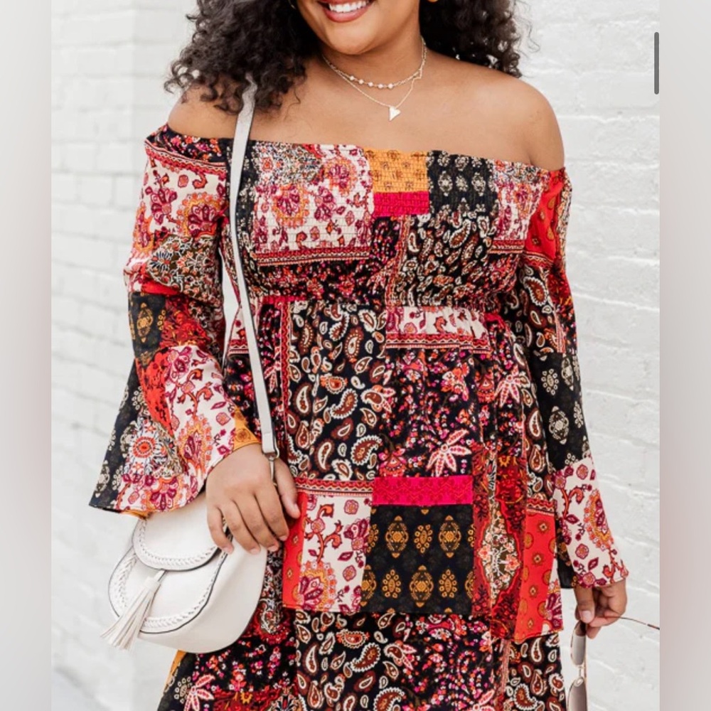 Pink Lily Patchwork Print Off Shoulder Dress - image 2